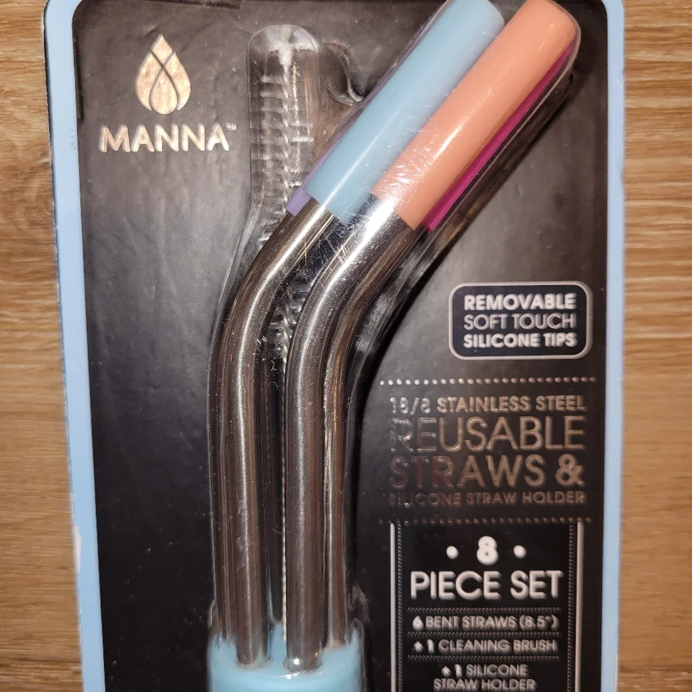 MANNA 18/8 Stainless Steel Reusable Straws & Silicone Straw Holder 8 Piece Set